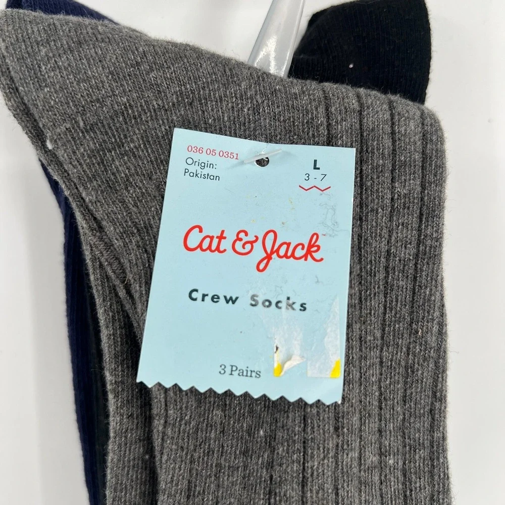 NEW Cat & Jack 3pk uniform crew socks navy grey black classic cotton blend L 3-7